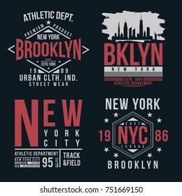 New York, Brooklyn typography for t-shirt print. Vintage badge set for t shirt print. Varsity style shirt design collection. Vector