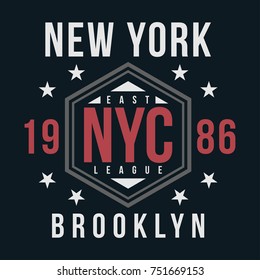 New York, Brooklyn typography for t-shirt print. Vintage badge for t shirt print. Varsity style. Vector