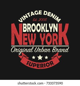 New York, Brooklyn vintage brand graphic for t-shirt. Original clothes design with grunge. Authentic apparel typography with ribbon. Retro sportswear print. Vector illustration.