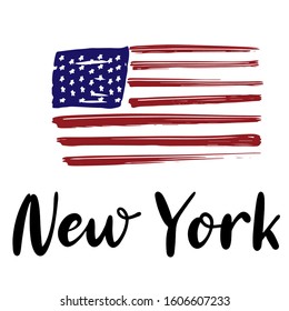 New York. Brushstrokes in colours of American national flag. Vector illustration of hand drawn lettering name of country for logotype, icon, poster, Independence Day greeting card, print.