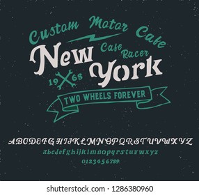 New York. Cafe racer. Hipster style. Print for shirt. Vector serif font and logo. 