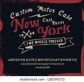 New York. Cafe racer. Hipster style. Print for shirt. Vector serif font.