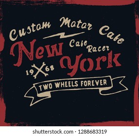 New York. Cafe racer. Hipster style. Print for shirt. Vector serif font and logo. 