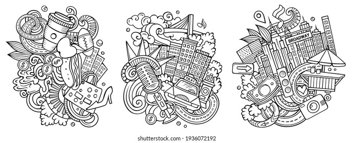 New Yorker Cartoon Vektordoodle Designset. Detaillierte Kompositionen mit vielen Objekten und Symbolen aus den USA. Einzeln auf weißen Illustrationen