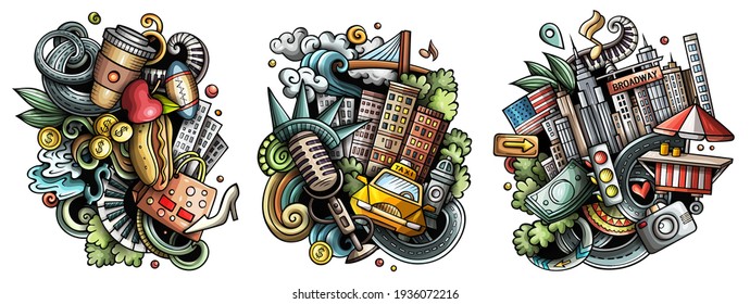 New York cartoon vector doodle designs set. Colorful detailed compositions with lot of USA objects and symbols. Isolated on white illustrations