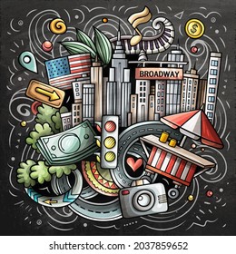 New York cartoon vector doodle chalkboard illustration. Colorful detailed composition with lot of USA objects and symbols.