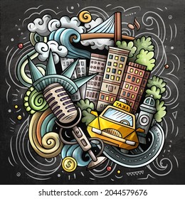 New York cartoon vector doodle chalkboard illustration. Colorful detailed composition with lot of USA objects and symbols.