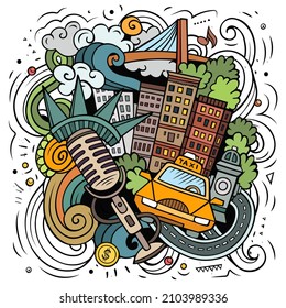 New York cartoon vector doodle illustration. Colorful detailed composition with lot of USA objects and symbols.