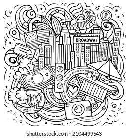 New York cartoon vector doodle illustration. Sketchy detailed composition with lot of USA objects and symbols.