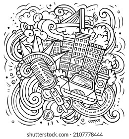 New York cartoon vector doodle illustration. Sketchy detailed composition with lot of USA objects and symbols.