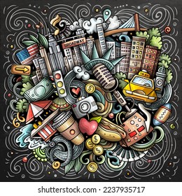 New York cartoon vector doodle chalkboard illustration. Colorful detailed composition with lot of USA objects and symbols.