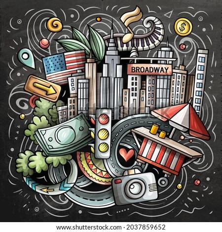 New York cartoon vector doodle chalkboard illustration. Colorful detailed composition with lot of USA objects and symbols.