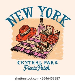 Patch do piquenique do parque central de Nova York. gráficos de férias. Viagem de verão e coisas de piquenique. camiseta de verão 