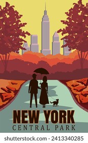 Afiche del Parque Central de Nueva York. Postal de viaje vintage