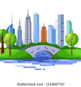 New York central park and urban skyscraper buildings. Vector cityscape illustration.