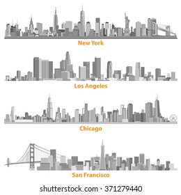 New York, Chicago, Los Angeles and San Francisco illustrations in black and white color palette vector set svg