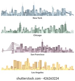 New York, Chicago, San Francisco, Los Angeles cityscapes. United States urban city skylines