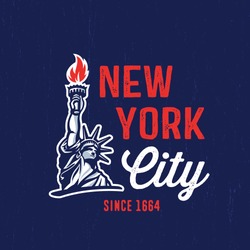 New York City 1664 T Shirt Apparel Fashion Design. Liberty Statue Vector Illustration And American Flag Background. Vintage Retro NYC Print Poster. Travel Souvenir Idea. 