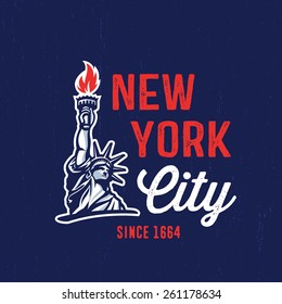 New York City 1664 T shirt apparel fashion design. Liberty Statue Vector Illustration and American Flag Background. Vintage Retro NYC Print Poster. Travel Souvenir Idea. 