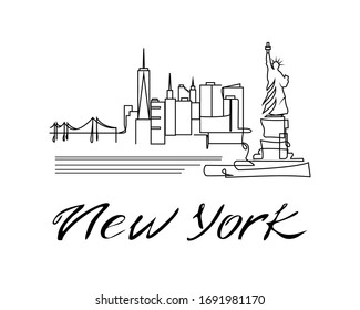 New York City Abstract Skyline In Art Line Style. Travel And Tourism Concept. Vector Black Illustration On A White Background.