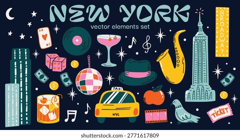 New York city aesthetic vector sticker elements set with illustration of NYC landmarks, Broadway, jazz, taxi and nightlife icons for travel blog, poster design