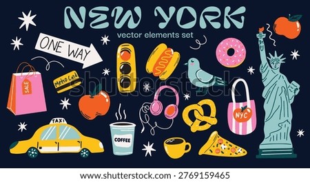 New York city aesthetic vector sticker elements set with illustration of NYC landmarks, Statue of Liberty, taxi, food and urban lifestyle icons for travel blog, poster design