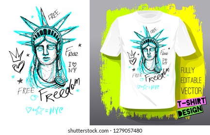New York, city, american liberty, freedom, monument. Trendy t-shirt template, fashion t shirt design, bright, summer, slogan lettering. Color pencil, marker, ink, pen doodles sketch style. vector