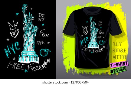 New York, city, american liberty, freedom, monument. Trendy t-shirt template, fashion t shirt design, bright, summer, slogan lettering. Color pencil, marker, ink, pen doodles sketch style. vector
