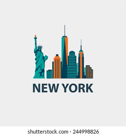 New York City Architecture Retro Vector Illustration, Skyline City Silhouette, Skyscraper, Flat Design