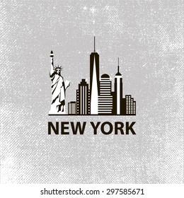 New York city architecture retro black and white vector illustration, skyline city silhouette, skyscraper, flat design