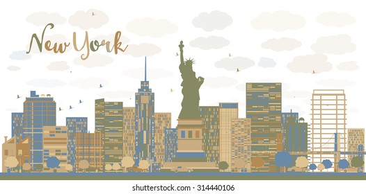 New York city architecture skyline with blue and brown buildings. Vector illustration. Business travel and tourism concept with place for text. Image for presentation, banner, placard and web site
