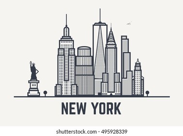 New York city architecture skyline silhouette. Line outlines pixel black and white style art. 