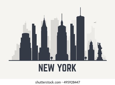 New York city architecture skyline black silhouette. Line pixel style art. 