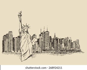 New York city architecture and Statue Liberty front  vector vintage engraved illustration  hand drawn  sketch