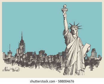 New York city architecture and Statue Liberty front  vector vintage engraved illustration  hand drawn  sketch 