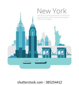 New York City architecture vector illustration. Landscape of buildings and the Brooklyn Bridge.