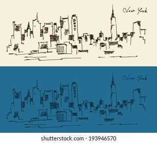 New York city architecture, vintage engraved illustration, hand drawn, sketch