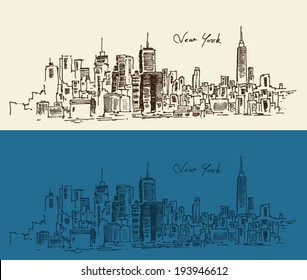 New York city architecture, vintage engraved illustration, hand drawn