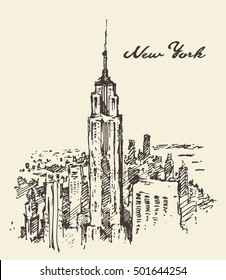 New York city architecture, vintage engraved illustration, hand drawn