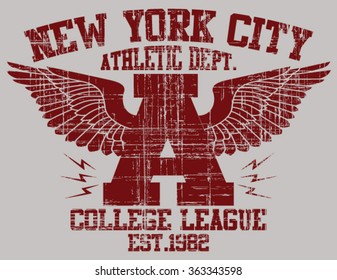 New York City  Athletic Dept. Varsity Sport vector print and varsity. For t-shirt or other uses in vector.T shirt graphic