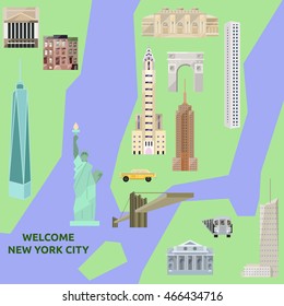 New york city attraction isolated. Park Avenue, one world trade, Chrysler, Statue of liberty,Bank of America Tower,red stone, Washington Square Arch, New York Stock Exchange