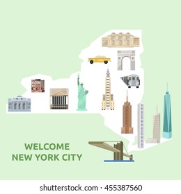 New York City Attraktion isoliert.Park Avenue, one world trade, Chrysler, Freiheitsstatue, Bank of America Tower, Roter Stein, Washington Square Arch, Börse, Public Library, Metropolitan Museum