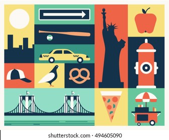 New York City background, vector flat illustration, icon set, poster: landscape, road sign, car, cap, dove, The Brooklyn Bridge, The Statue of Liberty, pizza, apple, hydrant, shop