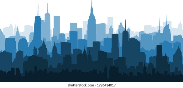 New York City blue morning skyline silhouette isolated on white background