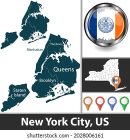 New York City with boroughs and location on New York state map. Vector image