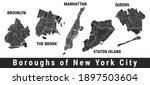 New York city boroughs map set. Manhattan, Brooklyn, The Bronx, Staten Island, Queens. Detailed street maps. Silhouette aerial view.