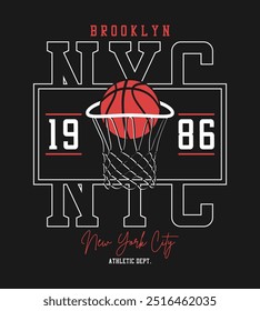 Cidade de Nova York, Brooklyn basquete t-shirt design. Camiseta estilo universitário com bola e basquete. Impressão de vestuário esportivo. Ilustração vetorial.