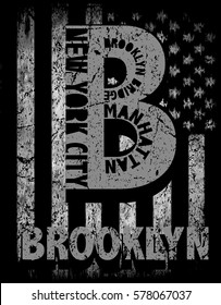 New York City, Brooklyn. Stylized American flag. Grunge background. Typography, t-shirt graphics, poster