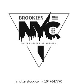 New York city Brooklyn theme t-shirt graphics. Modern typography lettering design elements for prints, posters, apparel design. Stylized american flag icon. Vector vintage illustration.