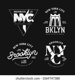 New York city Brooklyn theme t-shirt graphics set. Modern typography lettering design elements for prints, posters, apparel design. Stylized american flag icon. Vector vintage illustration.